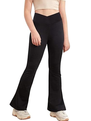 Haloumoning Girls V Crossover Flared Yoga Leggings | Soft,Stretchy,Breathable,Flared Pants,Bootcut,Yoga,Dance,Sport,Running,Gym,School,Kids,Children - Image 1