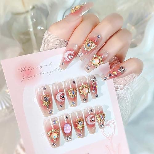 RikView Long Press on Nails Pink Fake Nails with 3D Design Coffin Nails Glossy Full Cover Nails for Women 24 PCs/Set thumbnail 3