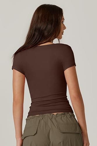 QINSEN Women's Square Neck Short Sleeve T Shirts Double Lined Basic Tee Slim Fit Tops thumbnail 2