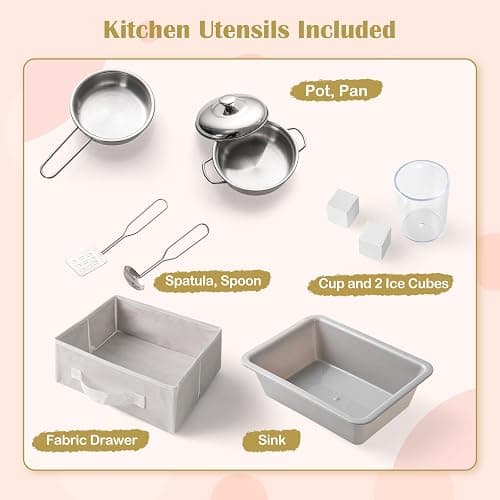 INFANS Kids Kitchen Playset, Toddler Wooden Pretend Cooking Toy Set with Acrylic Drawing Board Ice Machine Dishwasher Cloth Drawer Stove Removable Sink Simulation Play Kitchen for Boys Girls thumbnail 9