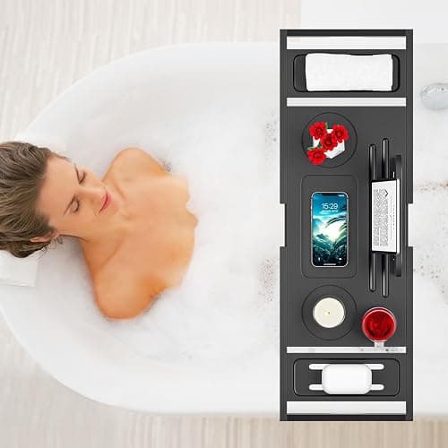 Bathtub Tray Caddy Black- Bath Tray Black - Bath Tub Tray Caddy - Bamboo Bath Tray for Tub - Expandable Size, Fits Most Tubs thumbnail 2