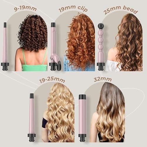Hair Curling Wand Iron Tongs with Anti-Scald Head, 5 in 1 Hair Curler for Long Hair 10mm-32mm with 2 Crocodile Clips 1 Anti-Scald Silicone Gloves, PTC Ceramic LCD 180°C & 210°C thumbnail 2