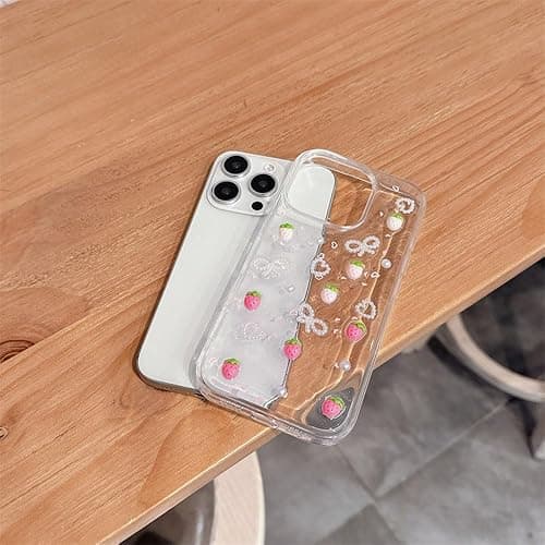 Fycyko Compatible for iPhone 15 3D Strawberry Pearl Bow Clear with Design Aesthetic Women Teen Girls Glitter Pretty Sparkle Sparkly Cute Girly Phone Cases Protective Cover+Pearl Chain thumbnail 8
