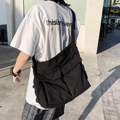 GAXOS Aesthetic Cute Messenger Bag for School Vintage Black Canvas Crossbody for Women Shoulder Laptop Bag thumbnail 6