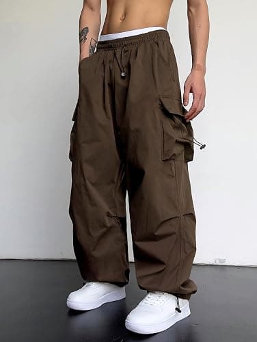 ZAFUL Flat Pocket Parachute Pants for Men Causal Baggy Cargo Pants Unisex Street Y2K Pants Drawstring Trouser - 1-deep Coffee - Medium thumbnail 5