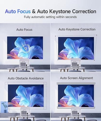 Alwtniet Vidéoprojecteur 4K 8K supporte [Native 1080P&App intégrée] Mini Projecteur Portable WiFi 6 Bluetooth 5.4 Android 14 Autofocus/Obstacle Avoidance/6D Keystone Ultra Courte Focale Rotation 180° thumbnail 4