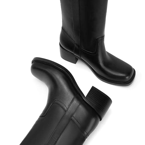 Gothictor Women's Banana Knee High Boots Square Toe Chunky Block Heel Comfortable Low Heel Pull on Wide Calf Riding Long Boots for Women thumbnail 5