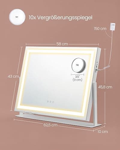 SONGMICS Schminkspiegel mit Beleuchtung, 58 x 43 cm, Kosmetikspiegel mit 15 LED-Glühbirnen, mit Ladeanschlüssen, Touch-Steuerung, 3 Lichtfarben, dimmbar, Handyhalter, mattweiß LWM002W02 thumbnail 2