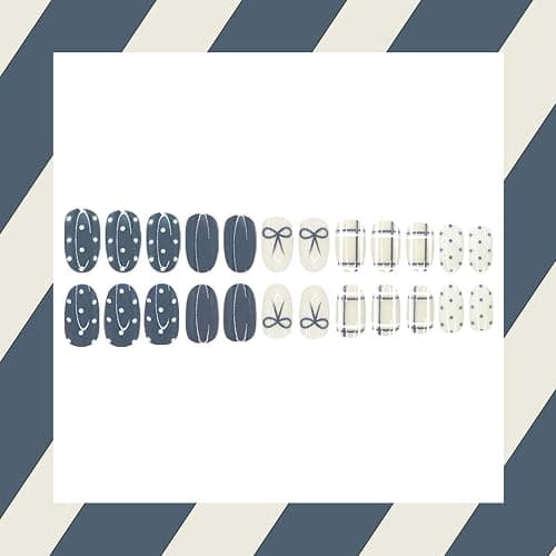 24 Pcs Polka Dot Press on Nails Almond Fake Nails Medium Nails Press Ons with Bow Grid Design Full Cover Glossy Artificial Reusable Stick on Nail for Women thumbnail 4