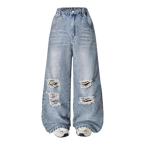 Nivne Tco Teen Girls Jeans Vintage Distressed Ripped Frayed Details Zipper Fly Casual Wide Leg Denim Pants with Pockets - Image 1