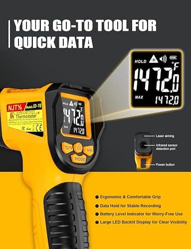 NJTY Infrared Thermometer Gun, -58℉ to 1472℉, High Precision, Non-Contact Laser Temperature Sensor with Backlit LCD, for Cooking, BBQ, Automotive, Industrial Use thumbnail 4