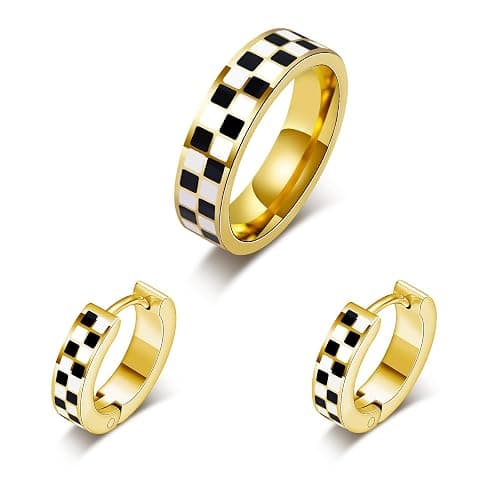 Checkered Jewelry Set for Women - 18K Gold Plated Stainless Steel Checkerboard Ring & Black and White Checkered Hypoallergenic Chunky Huggie Hoop Earring, Gift-Ready Packaging for Mother's Day Valentine's Day - Image 1