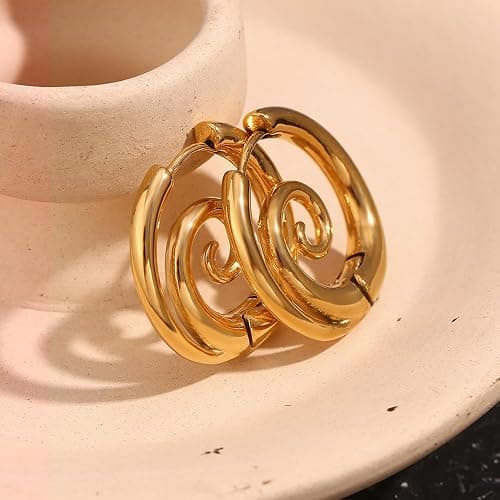 Sea Wave Spiral Hoop Earrings for Women Stainless Steel 18K Golden Plated Swirl Chunky Round Huggie Hoops Earring Fashion Birthday Jewelry Gifts Holiday thumbnail 4