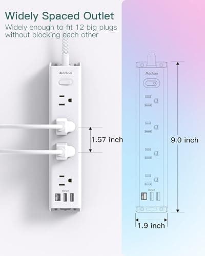 Surge Protector Power Strip - 10 FT Extension Cord, Power Strip with 12 Widely AC Outlet 3 USB, Flat Plug, Wall Mount Overload Protection, 1050J, Desk Charging Station for Home Office, ETL Listed thumbnail 7