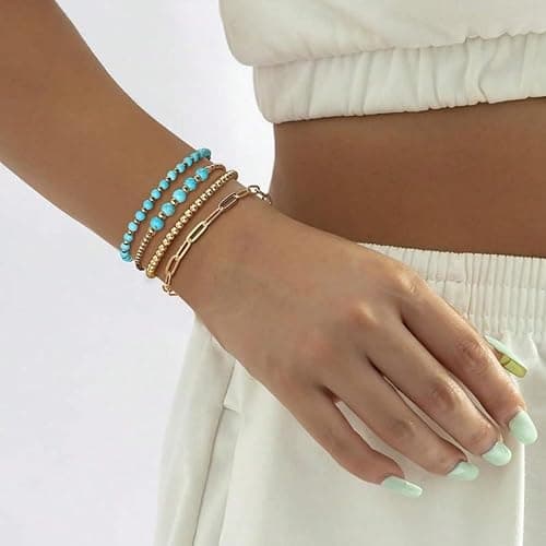 EQUBIO Gold Bracelets for Women Non Tarnish Waterproof | Dainty stackable beaded designs with mixed bead sizes and decorative accents for everyday layering, casual wear and gifting thumbnail 2