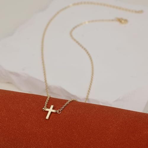 CAROVO Dainty Cross Pendant Necklaces for Women 14K Gold Plated Cute Faith Cross Necklace Sideways Cross Necklace Minimal Everyday Jewelry Gift thumbnail 6