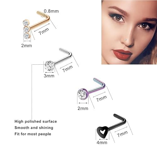 ONESING 32-55 Pcs 20G Nose Rings Hoops & Studs - L Shape, CZ, Stainless Steel Body Piercing Jewelry thumbnail 2