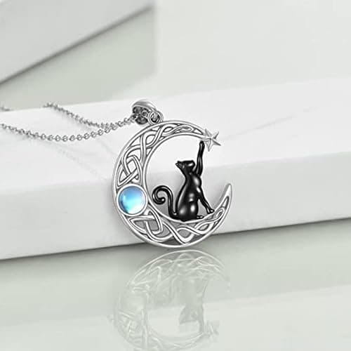 LSxAB Moonstone Cat On Moon Animal Necklace Celtic Knot Crescent Pendant Necklaces for Women Girls thumbnail 4