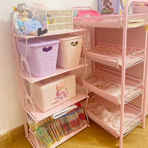 BOOMALTU Cute 4-Tier Folding Metal Shelving Bathroom Shelf,Pink Shelves Pink Bookshelf with Bow and Flowers Decor for Storage and Display in Living Room, Bathroom, Office, Kitchen thumbnail 2