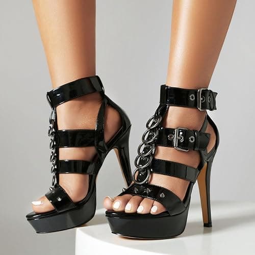Feinlina Women's Sexy Black Studded Platform Stiletto Heels Strappy Sandals | open toe spike high heels,adjustable buckle,evening party club shoes,punk goth style,black glossy patent leather thumbnail 2