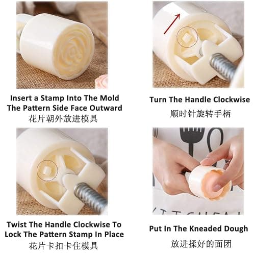 Moon Cake Mold 6 PCS, Mid Autumn Festival DIY Hand Press Cookie Stamps Pastry Tool Moon Cake Maker, Flower Mode Patterns 1 Mold 6 Stamps 50g (White). thumbnail 6