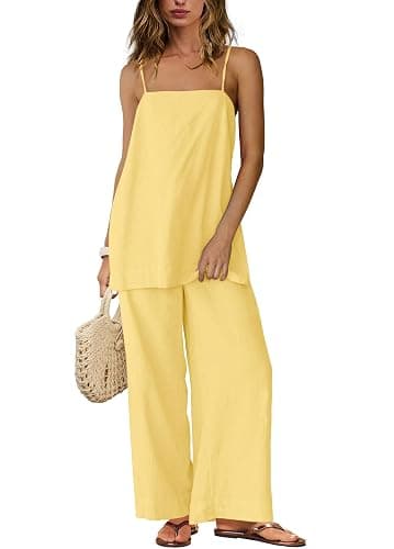 Yanekop Linen Sets for Women 2 Piece Pants Summer Outfits Matching Lounge Sets Spaghetti Strap Tank Top Pants Sets - Image 1
