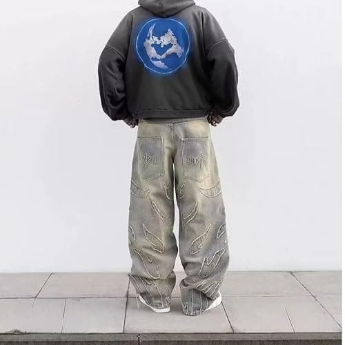 FEUSEUZ Y2K Men's Street Retro Hip-hop Flame Splicing Wide Leg Gothic Loose Jeans thumbnail 3