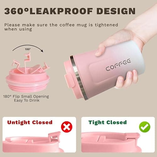 SPLMIFA Travel coffee mugs leak-proof, reusable coffee cups with lids, stainless steel vacuum thermos coffee tumblers,thermal insulation cups for men and women hot & cold drinks(2nd-Pink White, 12OZ) thumbnail 5