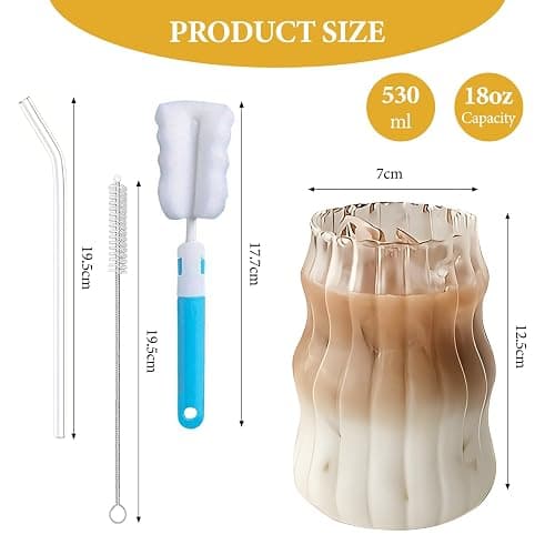 2Pcs 530ML Glass Mugs with Straws - Clear Iced Coffee Cup Matcha Ribbed Wavy Glass Cups Matcha Glasses with Straws Brush & Cup Brush for Ice Coffee Juice Drink Milk Tea Cocktail Wedding Birthday Gift thumbnail 3