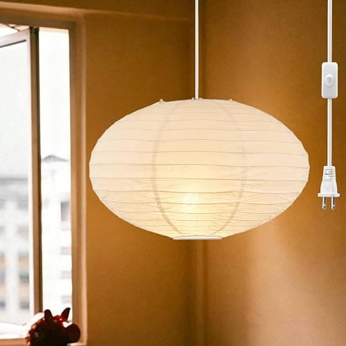 FEHEED 16" Oval Plug in Pendant Light Fixture,15 Ft Hanging Paper Lantern Oval White Paper Lamp Hanging Pendant Light with On/Off Switch for Birthday Wedding Living Room and Home Decor - Image 1