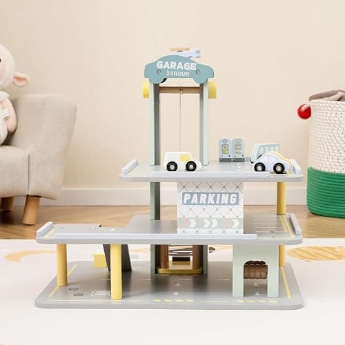 Costzon Toy Car Garage, Multi-Level Wooden Toy Garage with 4 Cars, Helicopter, Gas & Charging Station, Ramp & Working Elevator, Parking Garage for Toy Cars, Pretend Play Gift for Kids Toddlers 3+ thumbnail 2