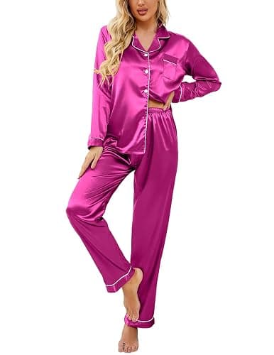 Ekouaer Women's Classic Button Down Long Satin Silk Pajama Set | Soft Satin Pajamas, Mix-Match Daily Look, Chest Pocket,Elastic Waist, Gift For Ladies - Image 1