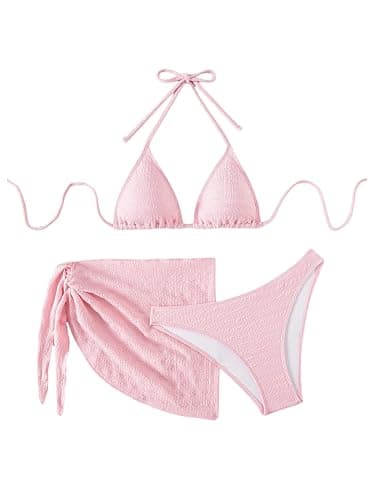 SHENHE Women's 3 Piece Textured High Cut Halter Triangle Bikini Swimsuit with Cover Up - Image 1