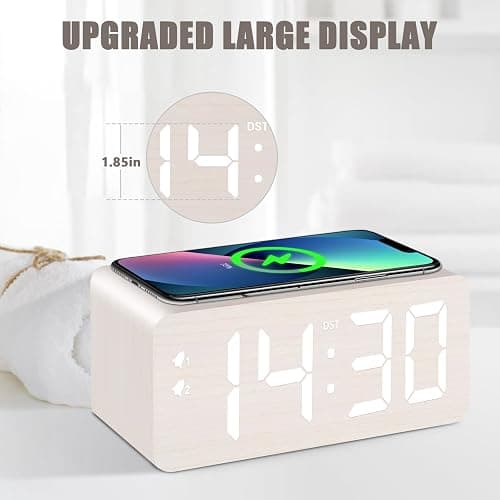 URAYCO Wooden Digital Alarm Clock, 10W Fast Wireless Charger Station & 2 USB Charging Ports, with 0~99% Dimmer, Dual Alarm, Weekday/Weekend Mode, Wood LED Clock for Bedroom, Desk, Office thumbnail 3