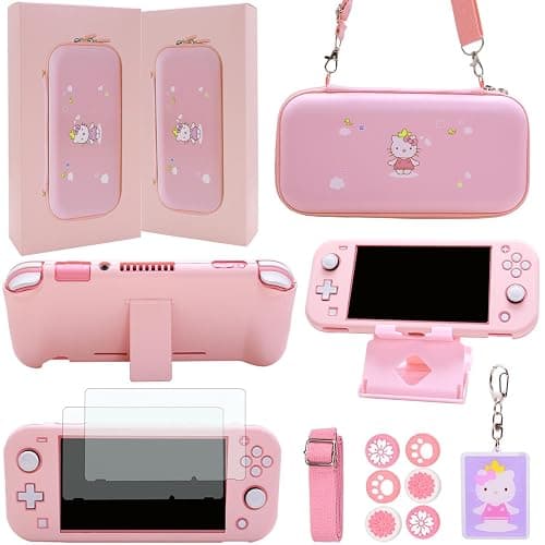 GUTIAL Accessories Bundle for Nintendo Switch Lite - Cute Kawaii NS Lite Accessories kit for Grils Boys Kids with Carrying Case, Cartoon Cover Case, Screen Protector, Stand - Pink - Switch Lite - Lite Pink-Kitty - Image 1