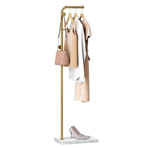 HOMEFORT Metal Coat Rack, Modern Coat Tree with 3 Hooks, L Shaped Coat Hanger Stand, Freestanding Coat Rack for Entryway and Corner, Gold - Image 1