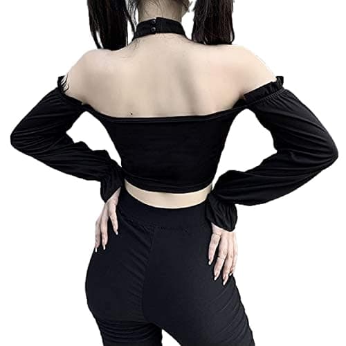 Dark Punk Crop Top with Chains Women Punk Off Shoulder Hollow Out Solid Backless Long Sleeve Tops thumbnail 2