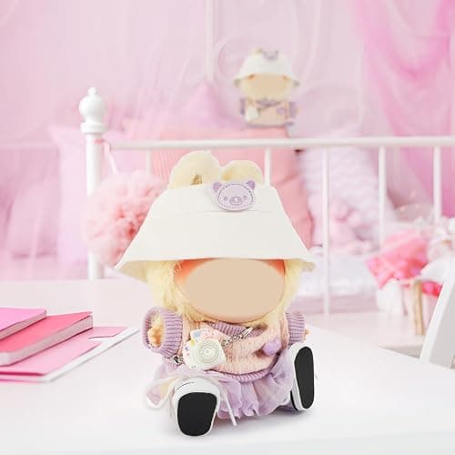 5 Set 15- 17cm Doll Clothes - Dolls Outfit Accessories for Girl , with White Bucket Hat + Small Camera + Canvas Shoes (No Doll) (Purple) thumbnail 7
