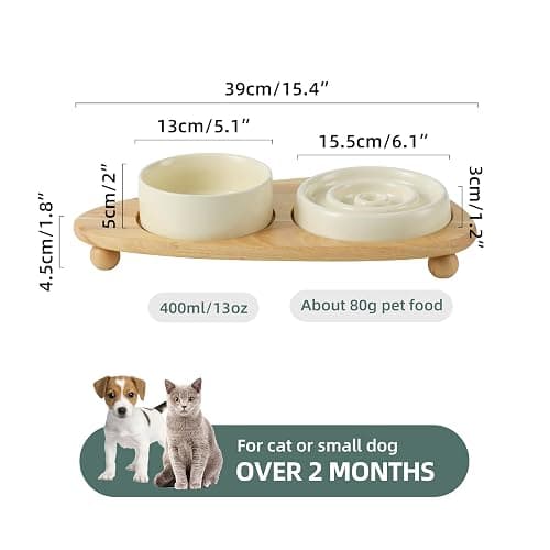 Havniva Ceramic Slow Cat Feeder Set, Raised 6.1-inch Slow Cat Food Dish and 5.1-inch Water Bowl with Wooden Stand, Circle Shape. (2 x Bowl with Stand - Beige, 6inch) thumbnail 2