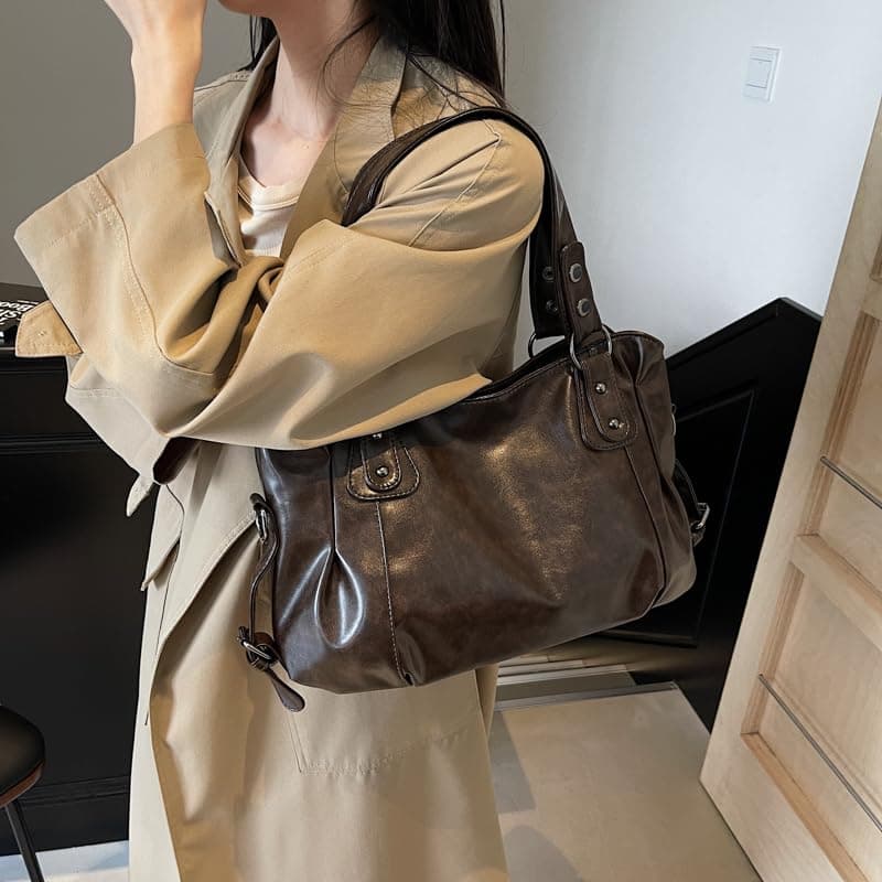 Leather Tote Bag for Women Trendy Y2k Streetwear Women's Hobo Purses Multi Pockets PU Leather Retro Large Work Totes thumbnail 2