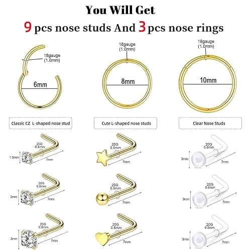 12PCS Hypoallergenic 14K Gold Plated 18G Nose Rings Studs Set for Women Men:3Pcs nose rings & 6Pcs L Shaped Nose Studs & 3Pcs Clear Nose Studs Gold/Silver 316L Surgical Stainless Steel Nose Piercing Jewelry thumbnail 2