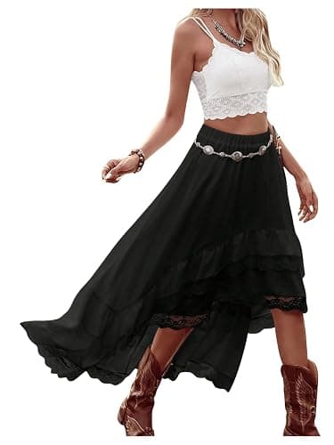 SHENHE Women's Boho Maxi Skirt High Low Asymmetrical Lace Ruffle Hem Flowy Western Skirt thumbnail 2