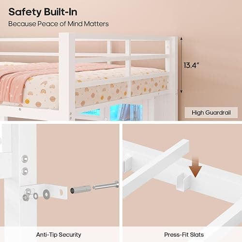 ADORNEVE Gaming Loft Bed Twin Size with Desk & RGB Hutch, White | 4 Storage Drawers, Safety Power Outlet, Metal Loft Bed with RGB Lights, Space Saving for Girls Small Room, Guardrail & Ladder thumbnail 7
