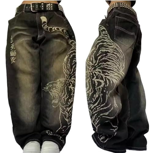 Xojbzoo Y2K Tiger Print Baggy Jeans Unisex Wide Leg Pants Retro Streetwear Hip Hop Denim Trousers - Image 1