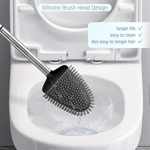 Sellemer Toilet Brush and Holder Set - Flexible Toilet Bowl Brush Head with Silicone Bristles, Compact Size for Storage and Organization, Ventilation Slots Base (2 Pack, Black) thumbnail 4