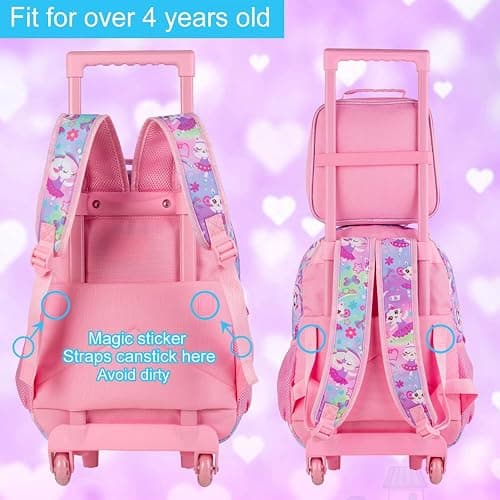 4PCS Kids Rolling Backpack for Girls, Cute Cat Sequin Wheeled Bookbag, Pink Roller School Bag with Wheels for Elementary Preschool Travel thumbnail 7
