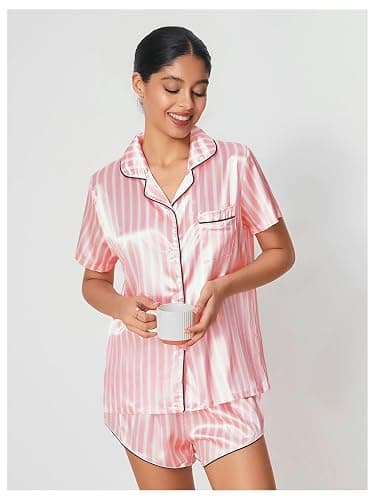 WDIRARA Women's Sleepwear Satin Short Sleeve Shirt and Shorts Pajama Set thumbnail 7