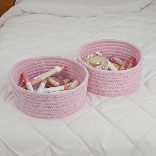 Small Storage Basket, Set of 3 Woven Baskets, Cotton Rope Small Baskets for Organizing, Cute Mini Tiny Round Basket, Bathroom Organization Bin (Pink) thumbnail 7