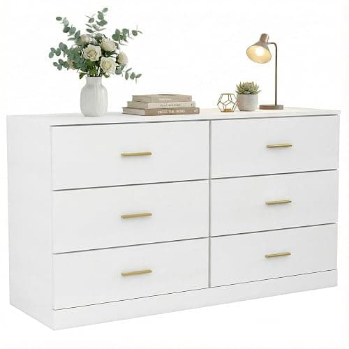 47" Modern White Dresser for Bedroom, 6 Drawer Dresser with Gold Handles | Gabeteros Para Dormitorios Wooden Dresser for Nursery,Kid,Girls Bedroom - Image 1