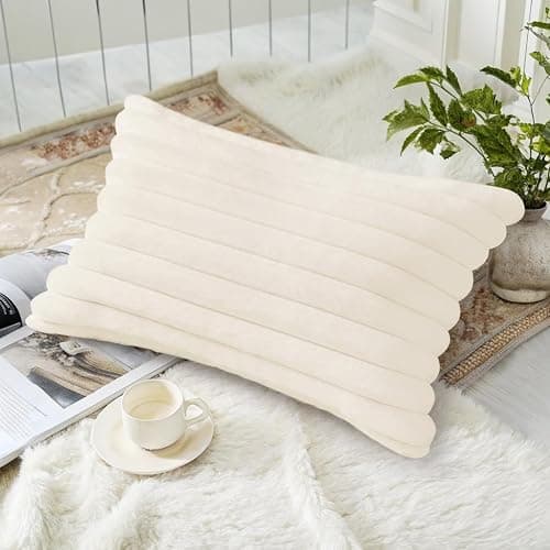 decorUhome Faux Fur Christmas Throw Pillow Covers 12x20 Set of 2, Decorative Soft Plush Striped Neutral Couch Euro Pillow Covers with Velvet Back for Sofa, Bed, Living Room Home Decor, Cream White thumbnail 5